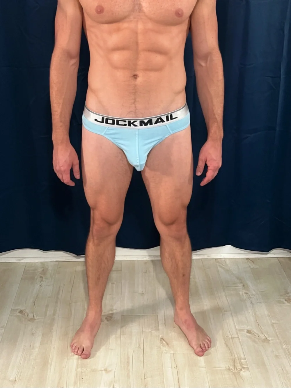 Jockmail Light Blue Men's Thong with Silver Waistband